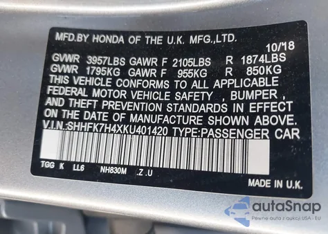 2019 Honda Civic Sport from USA, damaged, VIN SHHFK7H4XKU401420